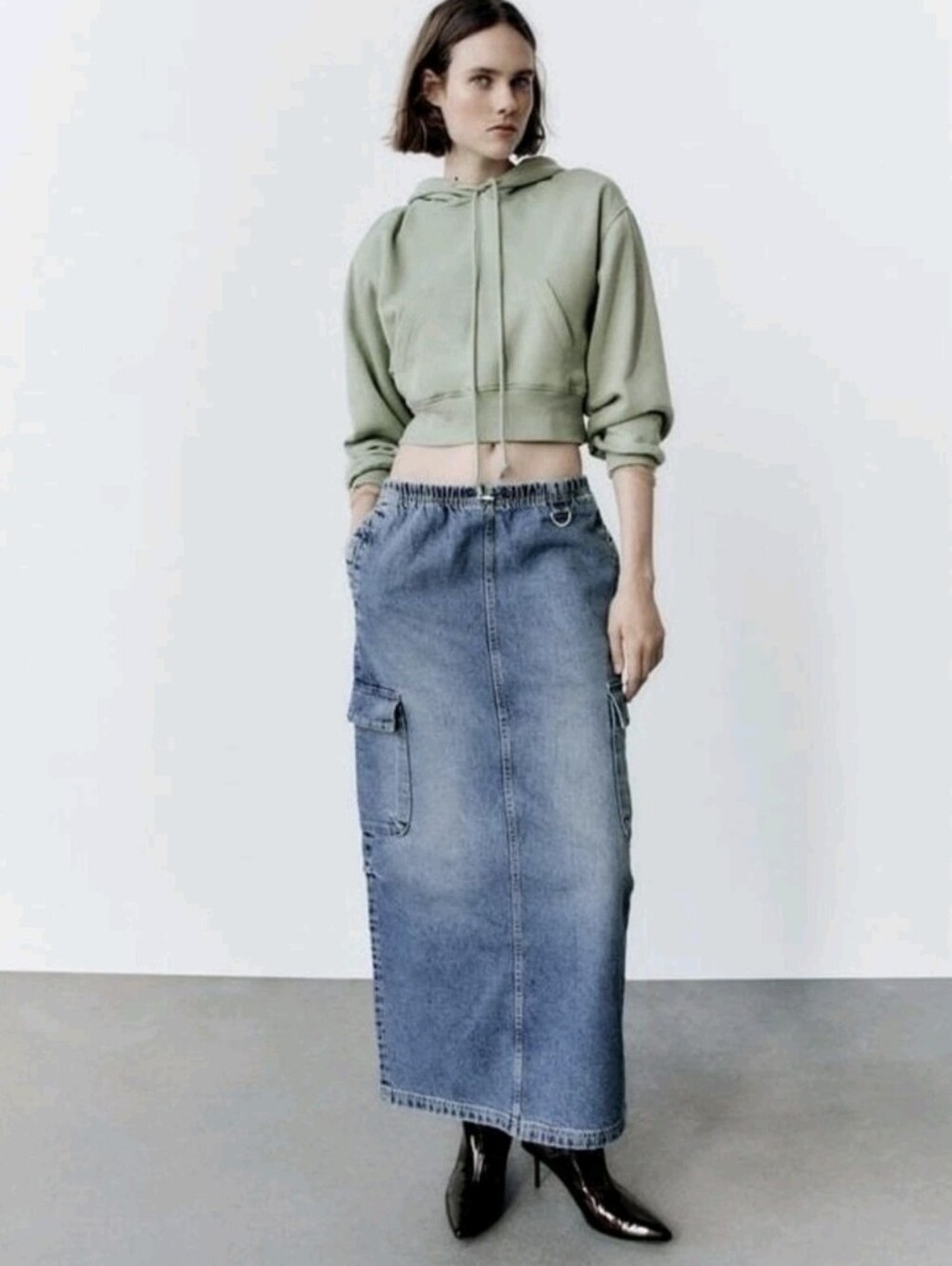 ZARA Denim Cargo Maxi Skirt Small S Blue Back Slit Y2K Gorpcore Downtown Girl
